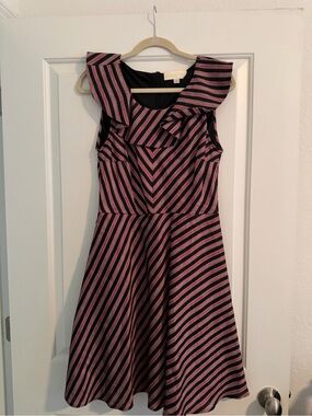 Striped Fit-and-Flare Dress with Ruffle Collar in Black and Dusty Pink
